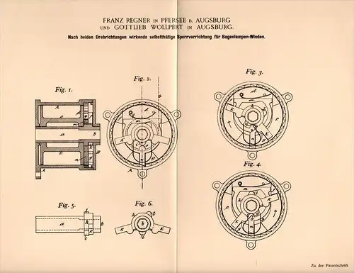 Original Patentschrift - F. Regner und G. Wollpert in Pfersee b. Augsburg , 1899 . Sperre für Bogenlampen , Lampen !!!