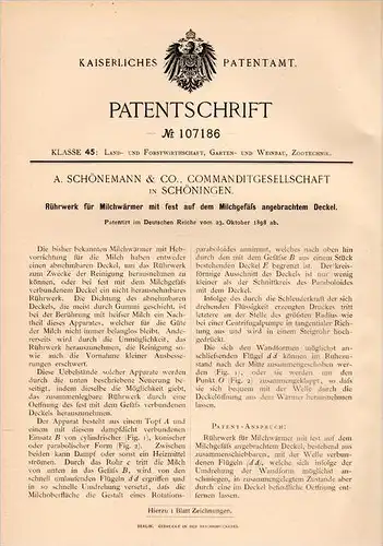 Original Patentschrift - A. Schönemann in Schöningen , 1898 , Rührwerk für Milchwärmer , Milch , Rührer !!!