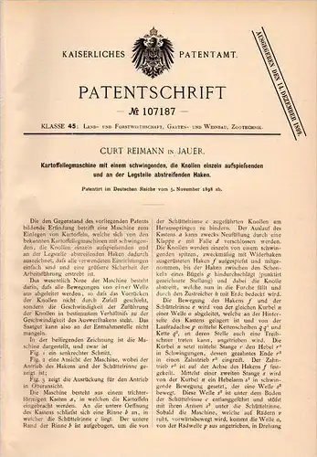 Original Patentschrift - C. Reimann in Jauer , 1898 , Kartoffel - Legemaschine , Landwirtschaft , Agrar , Bauer !!!