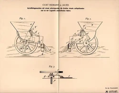 Original Patentschrift - C. Reimann in Jauer , 1898 , Kartoffel - Legemaschine , Landwirtschaft , Agrar , Bauer !!!