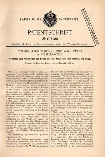 Original Patentschrift - Honig- und Wachswerk in Visselhövede , 1898, Apparat für Honig , Imker , Imkerei , Rotenburg !