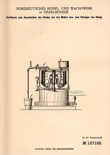 Original Patentschrift - Honig- und Wachswerk in Visselhövede , 1898, Apparat für Honig , Imker , Imkerei , Rotenburg !