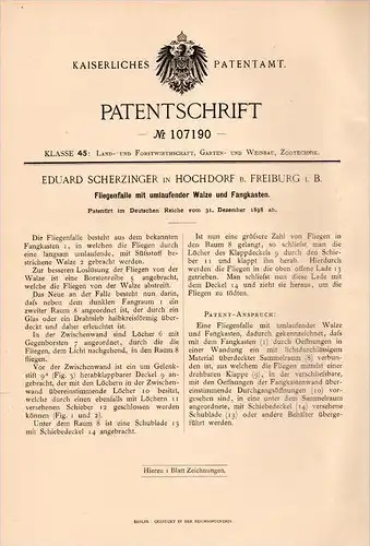 Original Patentschrift - E. Scherzinger in Hochdorf b. Freiburg i.B., 1898 , Fliegenfalle , Fliegen , Insekten , Falle !