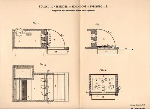 Original Patentschrift - E. Scherzinger in Hochdorf b. Freiburg i.B., 1898 , Fliegenfalle , Fliegen , Insekten , Falle !