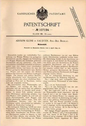 Original Patentschrift - A. Klose in Raudten / Rudna , 1899 , Walzenstuhl , Weizen , Mühle , Müller , Breslau !!!