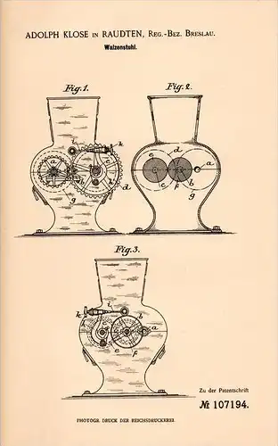 Original Patentschrift - A. Klose in Raudten / Rudna , 1899 , Walzenstuhl , Weizen , Mühle , Müller , Breslau !!!