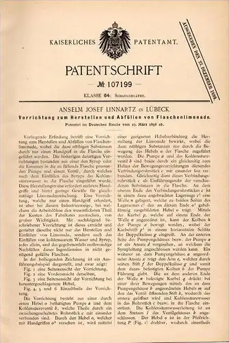 Original Patentschrift - A. Linnartz in Lübeck , 1898 , Abfüllapparat für Limonade , Limo , Brause !!!
