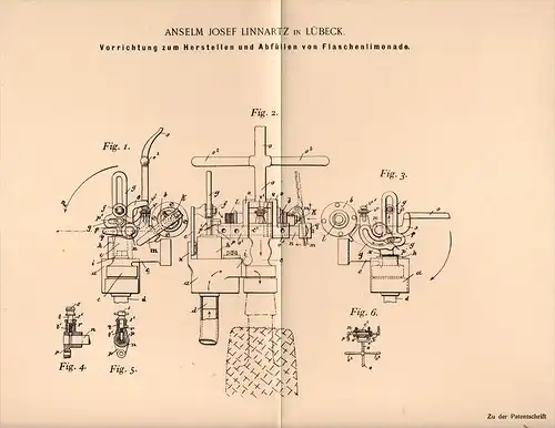 Original Patentschrift - A. Linnartz in Lübeck , 1898 , Abfüllapparat für Limonade , Limo , Brause !!!