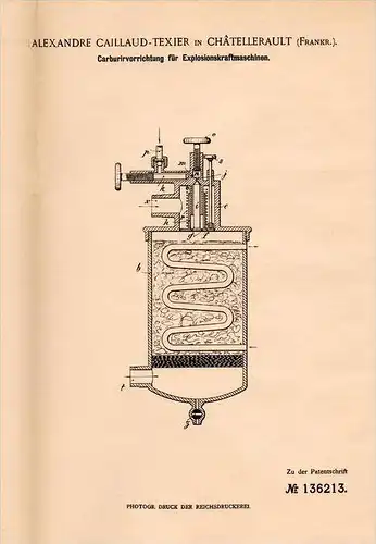 Original Patentschrift - A. Caillaud - Texier à Chatellerault , 1900 , Carburateur pour moteurs, moteur, de l´automobile