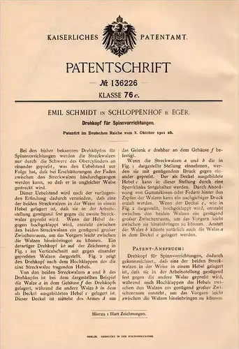 Original Patentschrift - E. Schmidt in Schloppenhof b. Eger , 1901 , Spinnapparat , Spinnerei , Slapany b. Cheb !!!