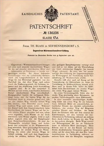 Original Patentschrift - Th. Blass in Seifhennersdorf i.S., 1901 , Wärmetauscher , Heizung , Dampfmaschine , Sachsen !!!