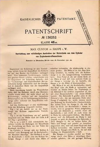 Original Patentschrift - Max Custor in Haspe i.W., 1901 , Apparat für Motoren , Explosionskraftmaschinen , Motor  !!!