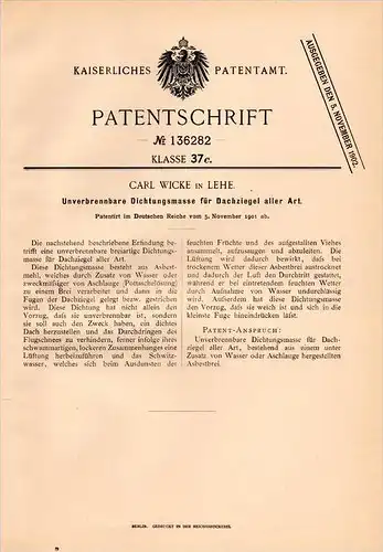 Original Patentschrift - Carl Wicke in Lehe , 1901 , Dachziegel - Dichtmasse , unverbrennbar , Dachdecker , Dach !!!
