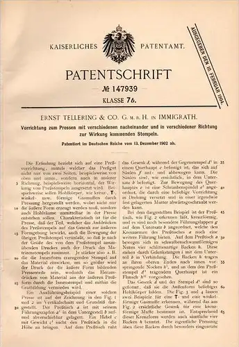 Original Patentschrift - E. Tellering & Co in Immigrath , 1902 , Presse mir mehreren Stempeln , Langenfeld !!!