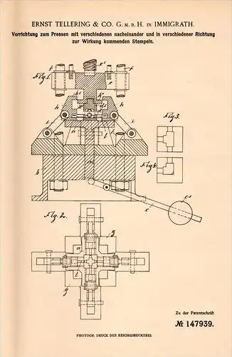 Original Patentschrift - E. Tellering & Co in Immigrath , 1902 , Presse mir mehreren Stempeln , Langenfeld !!!