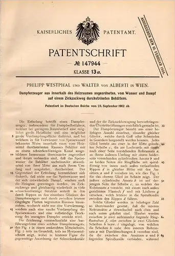 Original Patentschrift - P. Westphal und W. von Alberti in Wien , 1902 , Dampferzeuger , Dampfmaschine !!!