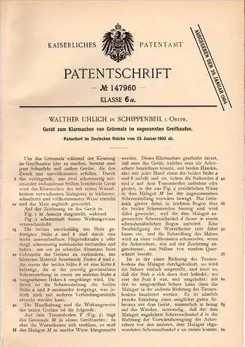 Original Patentschrift - W. Uhlich in Schippenbeil i. Ostpr. / S&#281;popol ,1903 ,Gerät für Grünmalz , Malz , Landwirts