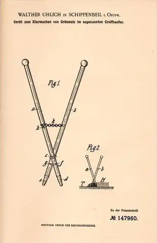 Original Patentschrift - W. Uhlich in Schippenbeil i. Ostpr. / S&#281;popol ,1903 ,Gerät für Grünmalz , Malz , Landwirts