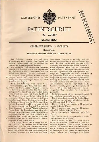 Original Patentschrift - H. Spitta in Görlitz , 1903 , Kammerofen , Ofen für Ziegelei , Ziegel , Brennofen !!!
