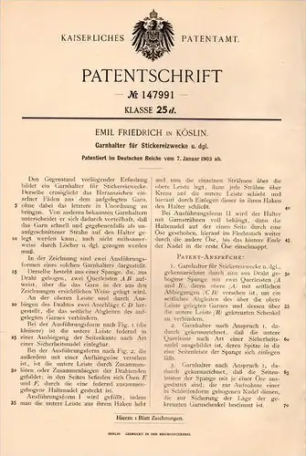 Original Patentschrift - E. Friedrich in Köslin / Koszalin , 1903 , Garnhalter für Strickerei , Stricken , Cöslin !!!