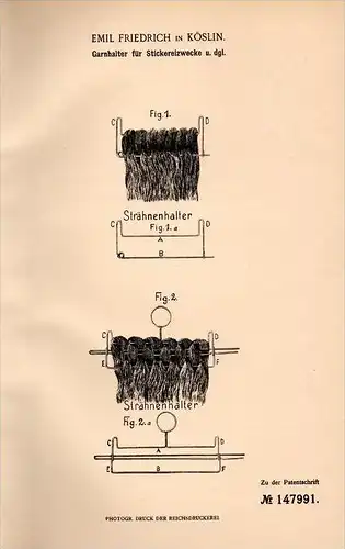 Original Patentschrift - E. Friedrich in Köslin / Koszalin , 1903 , Garnhalter für Strickerei , Stricken , Cöslin !!!