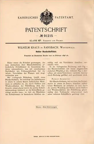 Original Patentschrift - W. Kraus in Ransbach i. Westerwald , 1896 , Hand - Schleifstein , Schleifen , Baumbach !!!