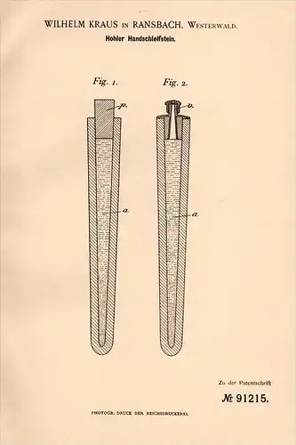 Original Patentschrift - W. Kraus in Ransbach i. Westerwald , 1896 , Hand - Schleifstein , Schleifen , Baumbach !!!