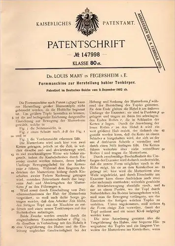 Original Patentschrift - Dr. L. Mary in Fegersheim i.E., 1902 , Machine pour la fabrication de pots de fleurs !!!