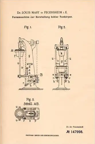 Original Patentschrift - Dr. L. Mary in Fegersheim i.E., 1902 , Machine pour la fabrication de pots de fleurs !!!