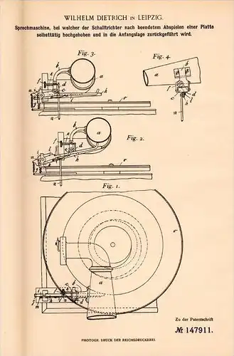 Original Patentschrift - W. Dietrich in Leipzig , 1903 , Grammophon , Phonograph , gramophone !!!