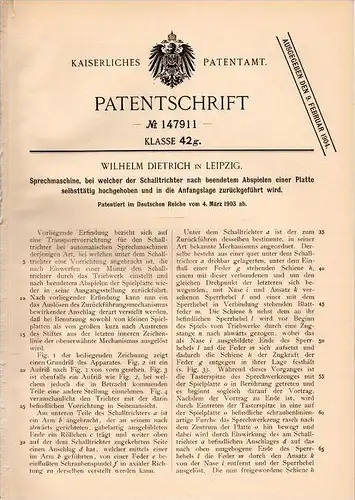 Original Patentschrift - W. Dietrich in Leipzig , 1903 , Grammophon , Phonograph , gramophone !!!