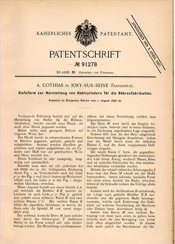 Original Patentschrift - A. Cothias in Jory sur Seine , 1896 , Form für Cylinder , Rohre , Roh , Röhren !!!