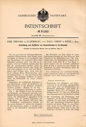 Original Patentschrift - E. Servais in Luxemburg und P. Gredt in Esch a. Alz., 1895, Apparat für Eisenbad , Eisen !!!