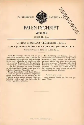 Original Patentschrift - C. Fleck in Schloss Grönenbach , Bayern , 1896 , gerauhte Gefäße aus Glas oder Thon !!!