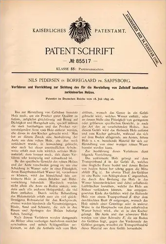 Original Patentschrift - N. Pedersen in Borregaard b. Sarpsborg , 1895 , Zellstoff - Herstellung , Norway !!!