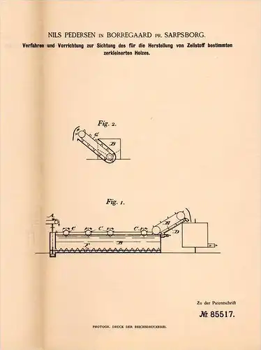 Original Patentschrift - N. Pedersen in Borregaard b. Sarpsborg , 1895 , Zellstoff - Herstellung , Norway !!!