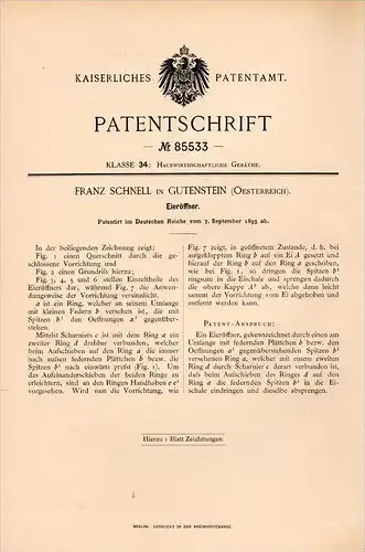 Original Patentschrift - F. Schnell in Gutenstein , 1895 , Öffner für Eier , Ei , Huhn , Eieröffner !!!