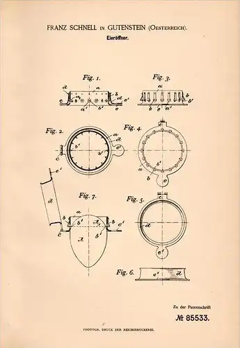 Original Patentschrift - F. Schnell in Gutenstein , 1895 , Öffner für Eier , Ei , Huhn , Eieröffner !!!