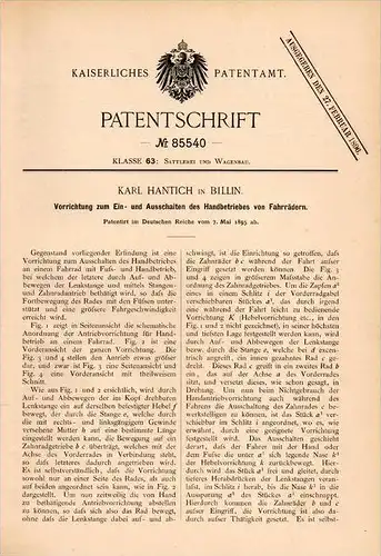 Original Patentschrift - G. Hantich in Billin , 1895 , Handbetrieb für Fahrräder , Fahrrad !!!