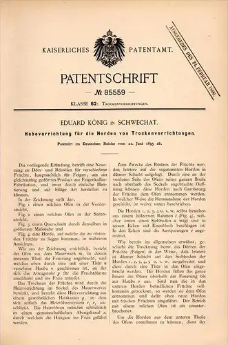 Original Patentschrift - E. König in Schwechat , 1895 , Hebeapparat für Trockenvorrichtungen , Dörr- und Röstofen !!!