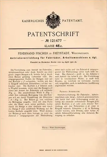 Original Patentschrift - F. Fischer in Freystadt / Kisielice , 1900 , Antrieb für Fahrrad , Maschinen , Westpreussen !!!