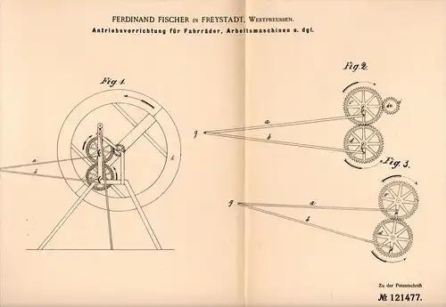 Original Patentschrift - F. Fischer in Freystadt / Kisielice , 1900 , Antrieb für Fahrrad , Maschinen , Westpreussen !!!