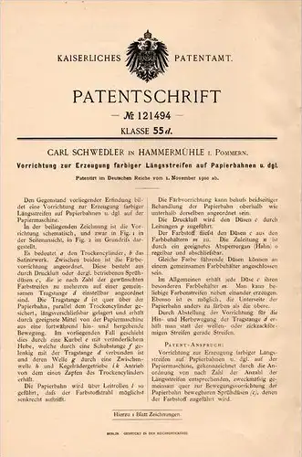 Original Patentschrift - C. Schwedler in Hammermühle i. Pommern / Kepice , 1900 , Apparat für Papierfabrik , Papier !!!