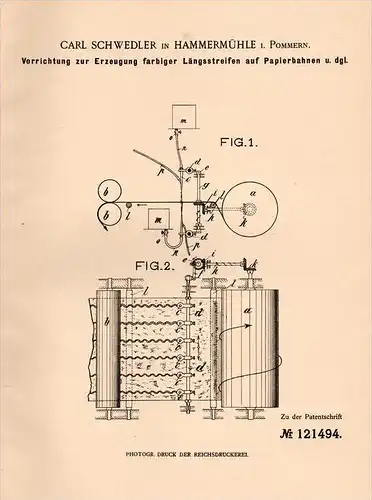 Original Patentschrift - C. Schwedler in Hammermühle i. Pommern / Kepice , 1900 , Apparat für Papierfabrik , Papier !!!