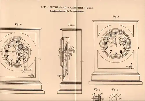 Original Patentschrift - R. Sutherland in Caerphilly , 1900 , timepiece for calls to telephones , clock !!!