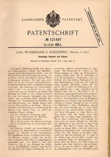 Original Patentschrift - C. Wunderlich in Schirnding b. Eger , 1900 , vereinigte Scheere und Stanze !!!