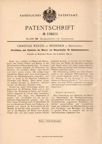 Original Patentschrift - Ch. Wenzel in Meiderich a. Niederrhein, 1898 , Apparat für Holz - Hobelmaschine , Tischlerei !!