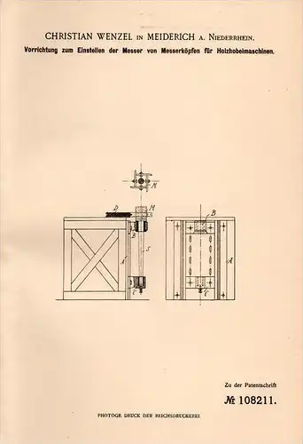Original Patentschrift - Ch. Wenzel in Meiderich a. Niederrhein, 1898 , Apparat für Holz - Hobelmaschine , Tischlerei !!