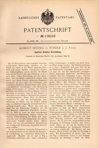 Original Patentschrift - A. Höing in Steele a.d. Ruhr ,1899, Schalter für Eisenbahn , Billetschalter , Bahnhof , Essen !