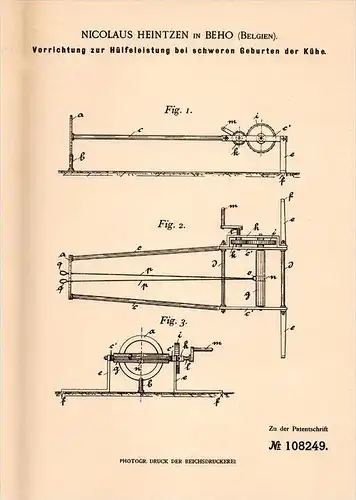 Original Patentschrift - N. Heintzen in Beho / Gouvy , 1899 , Apparat zur Geburt der Kühe , Kuh , Tierarzt , Tierzucht !